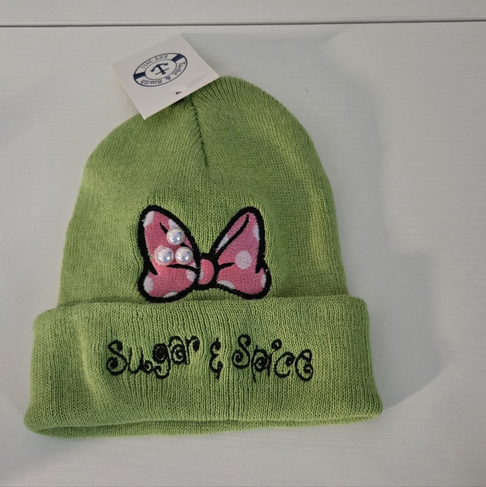 White and Black Knit Beanie with Bold Embroidery